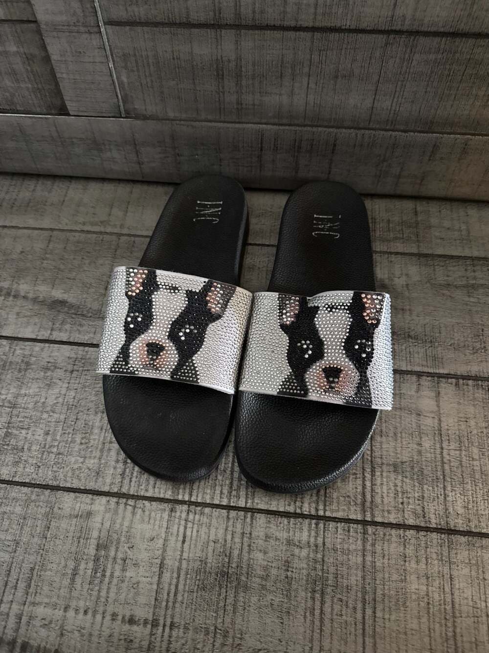 INC International Concepts Boston Terrier Rhinestone Slide Sandals Size 11M